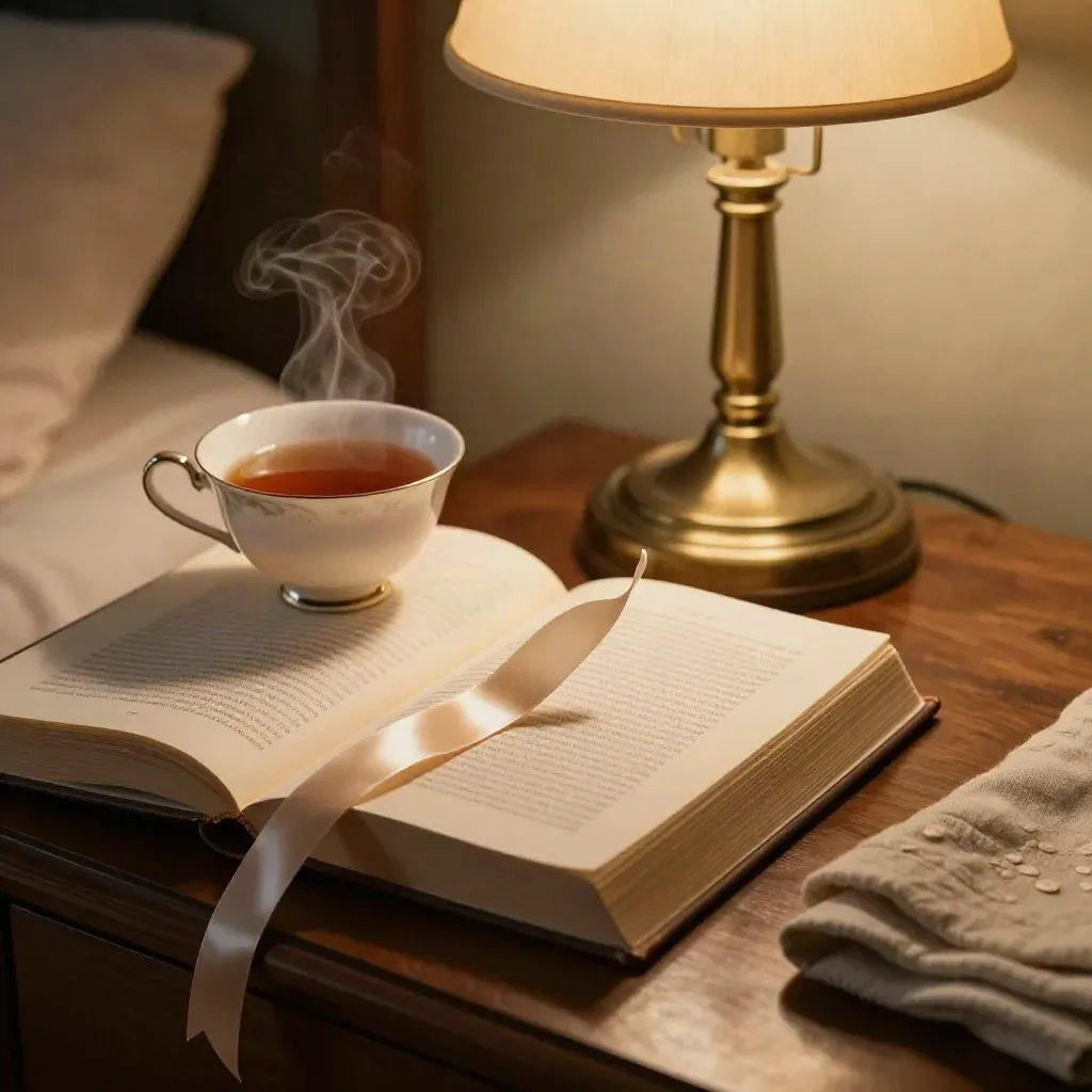 Bookmark slips from an open book beside steaming tea under a warm bedside lamp.