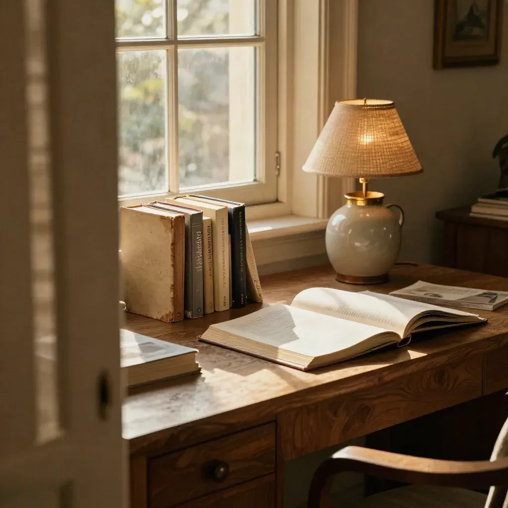 Sunlit reading desk by an open window with paperbacks, a ceramic carafe, and woven shade.