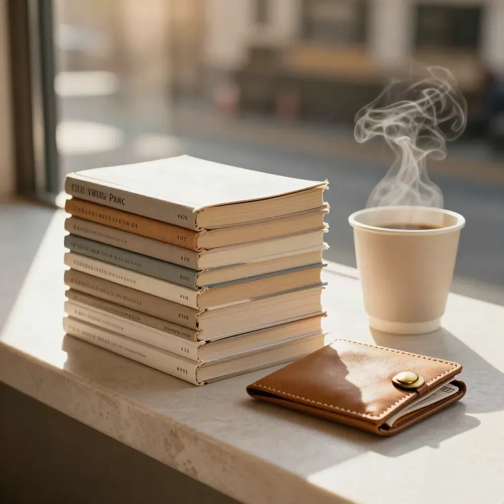 Books, ticket wallet, and steaming coffee cup on a stone café ledge