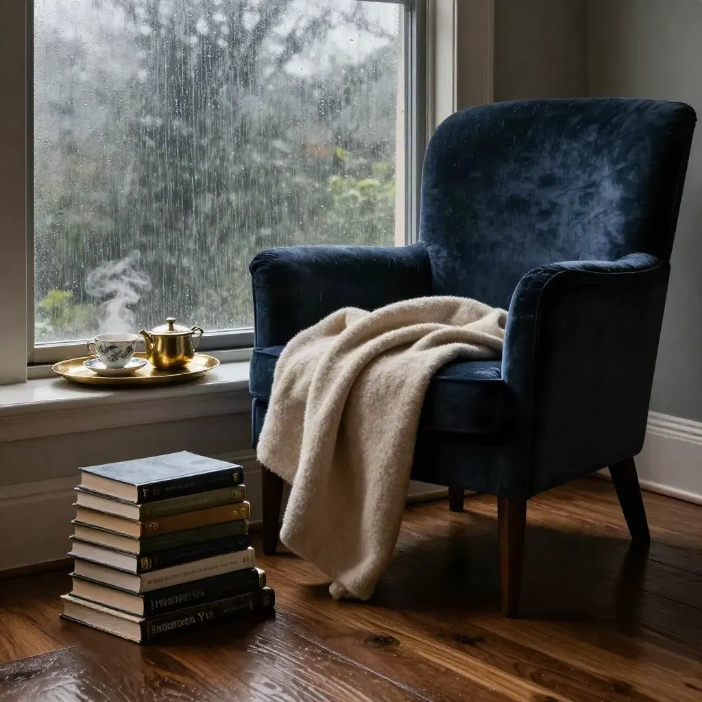 Rainy reading nook with navy armchair, stacked novels, tea tray, and fogged window