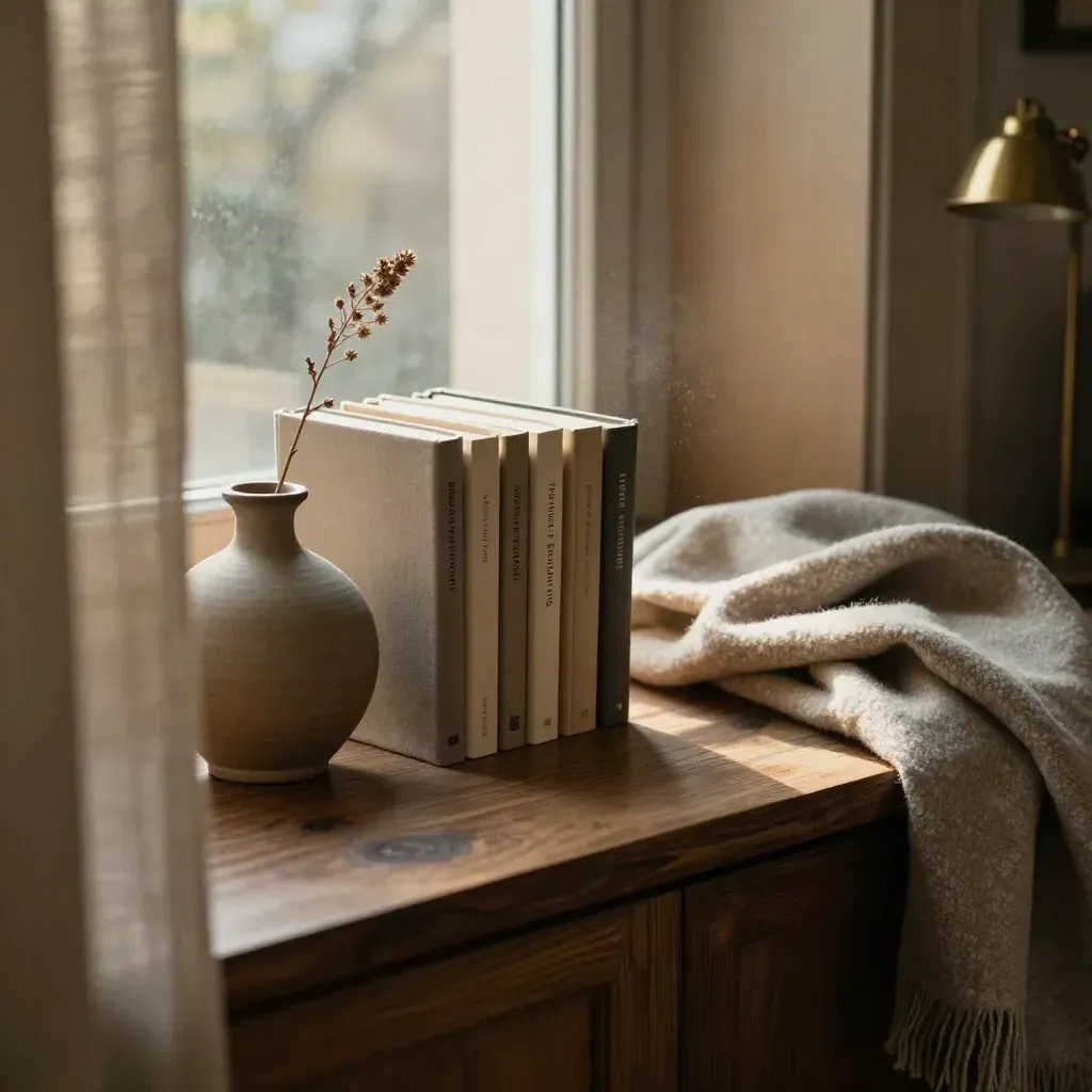 Poetry books, vase, and wool throw on a sunlit window bench in a cozy room.