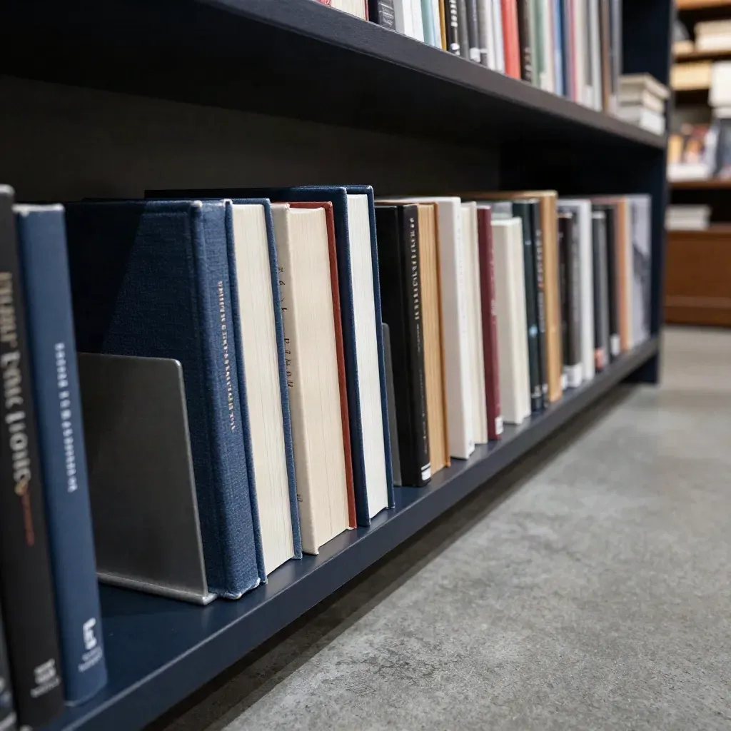 Low diagonal bookstore shelf with new hardcovers and a metal stand in dramatic light.