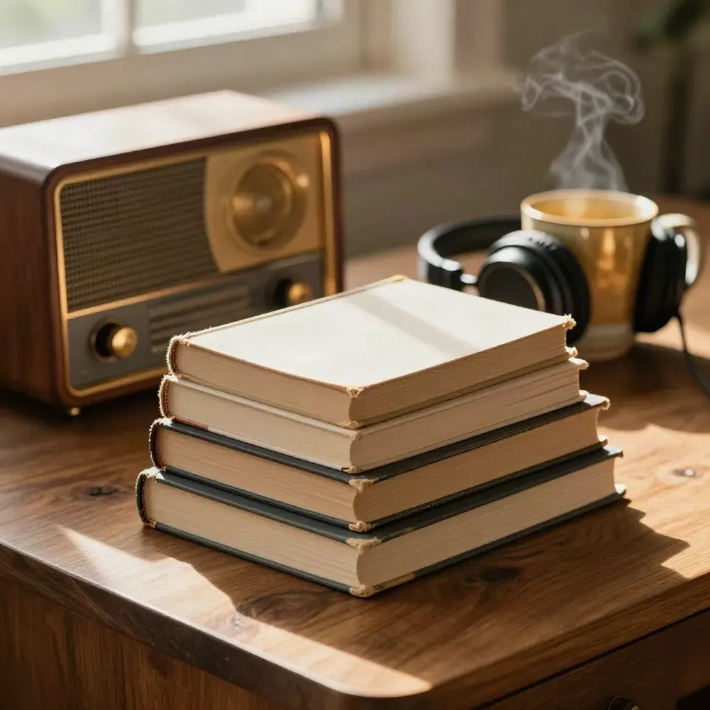 Warm Bookish Radio desk with stacked books, radio receiver, headphones, and a steaming mug.