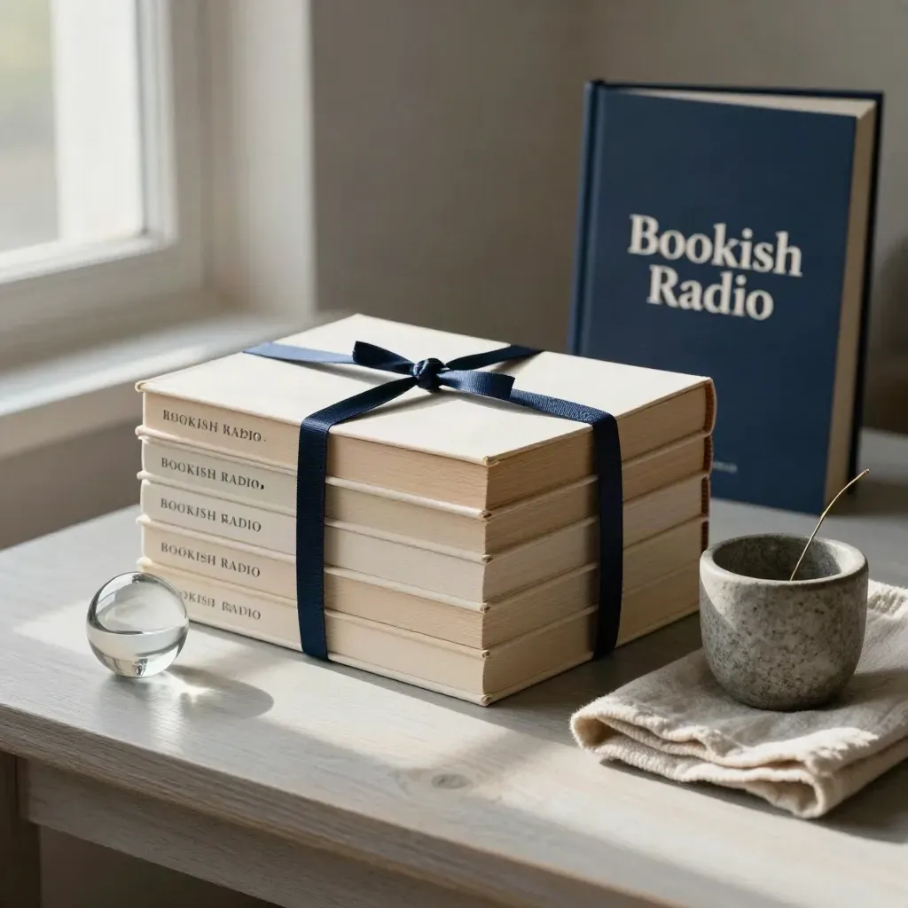 Review-copy book stack with ribbon, paperweight, stem in stone cup on pale wood.