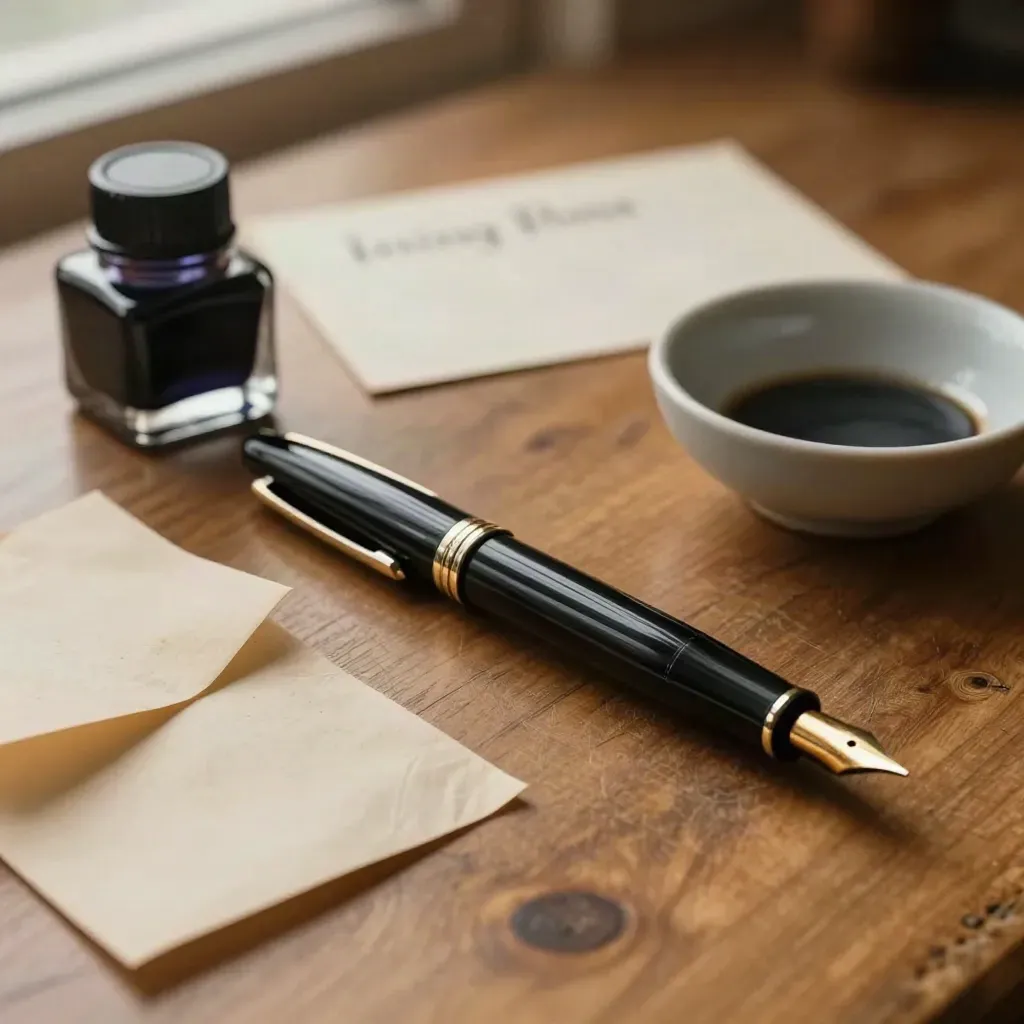 Fountain pen, ink bottle, blotter pad, and ceramic bowl on worn pine under soft light.