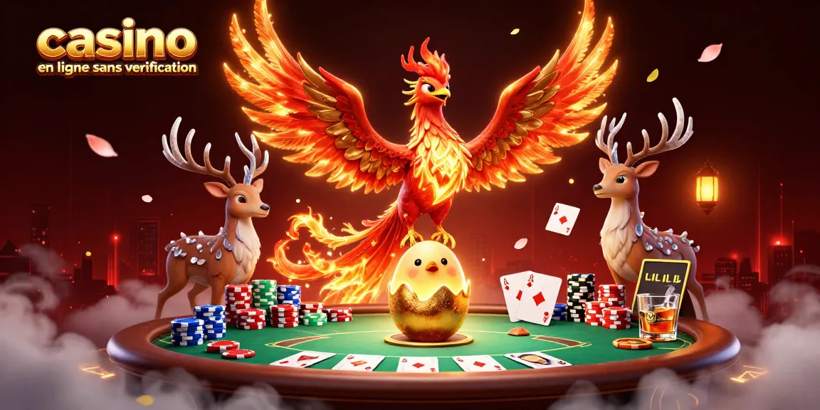 Jouez au casino en ligne sans vérification avec un phoenix flamboyant et des jetons de poker colorés.