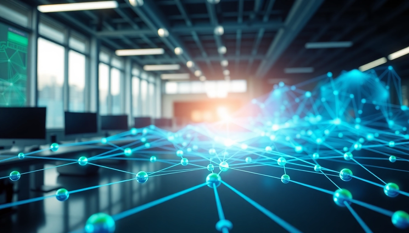 EORMC blockchain technology connecting nodes in a modern tech office illustration.