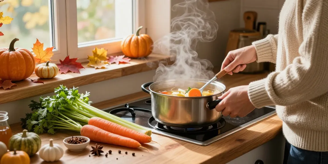 Köstliche Klare Suppe, die mit frischem Gemüse in einer gemütlichen Küchenumgebung zubereitet wird