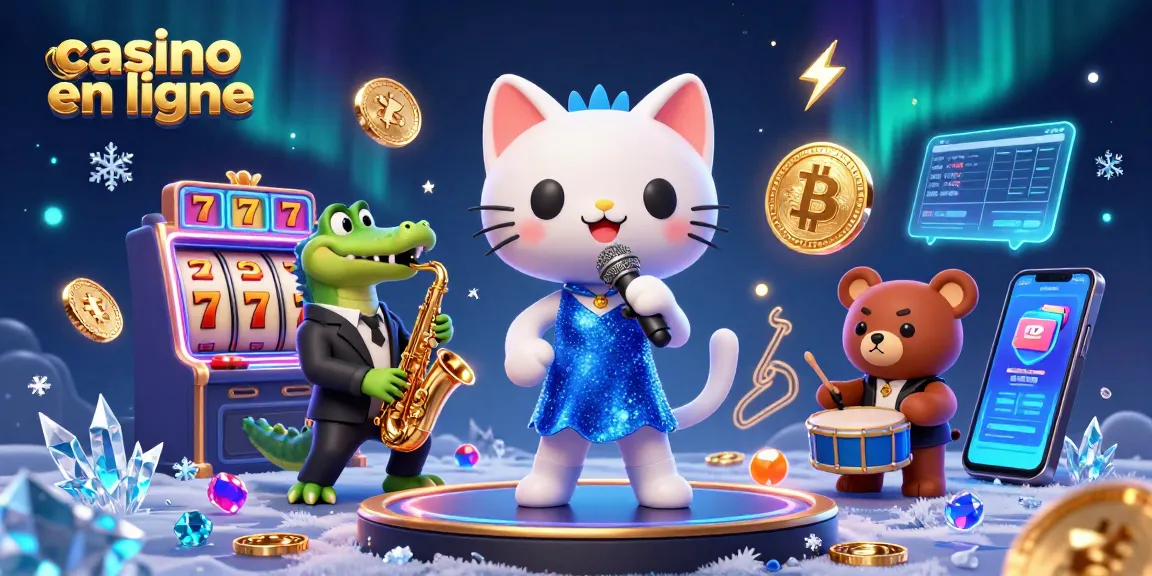 Jouez au casino en ligne avec des personnages animés entourés de pièces de cryptomonnaie et de machines à sous.