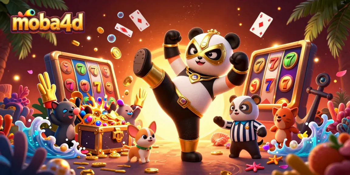 Moba4d showcases a panda wrestler soaring through the air among vibrant casino elements in a stunning 3D scene.