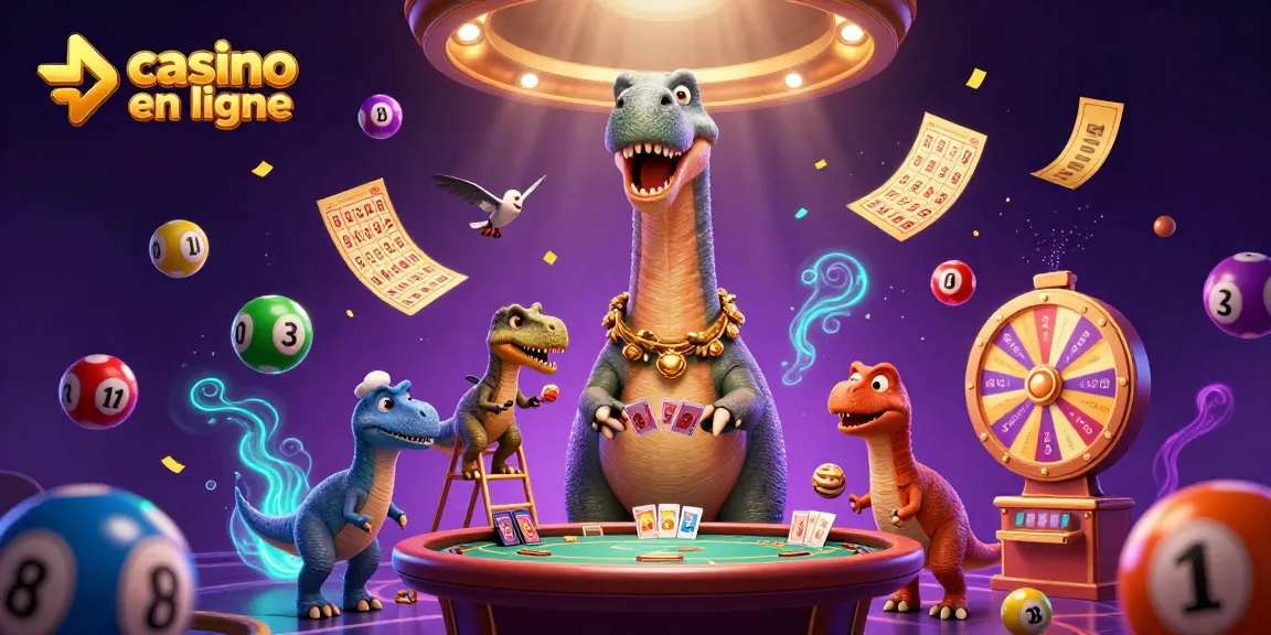 Plongez dans l'univers du casino en ligne avec un brontosaurus géant transmettant des cartes dans un casino fou.