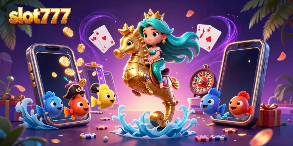 Slot777 memukau dengan putaran slot ceria dalam ilustrasi 3D digital, menggoda para penjudi.