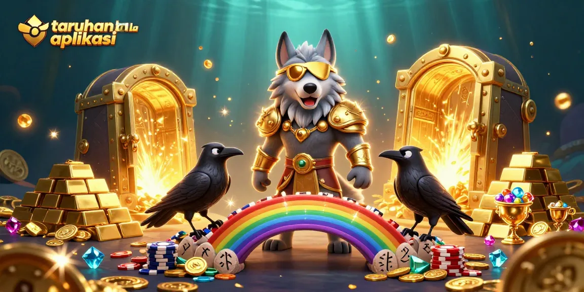Bet on taruhan bola aplikasi with a vibrant scene of Odin and ravens amidst treasures.