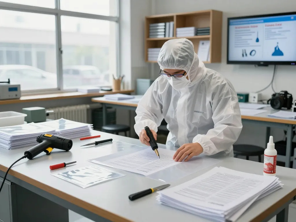 Restoration expert performing bóc plastic techniques on documents in a modern workshop.