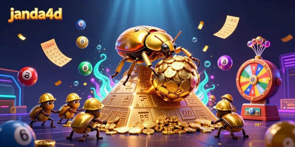 Permainan lotere digital di JANDA4D dengan bola bernomor berwarna-warni dan karakter unik.