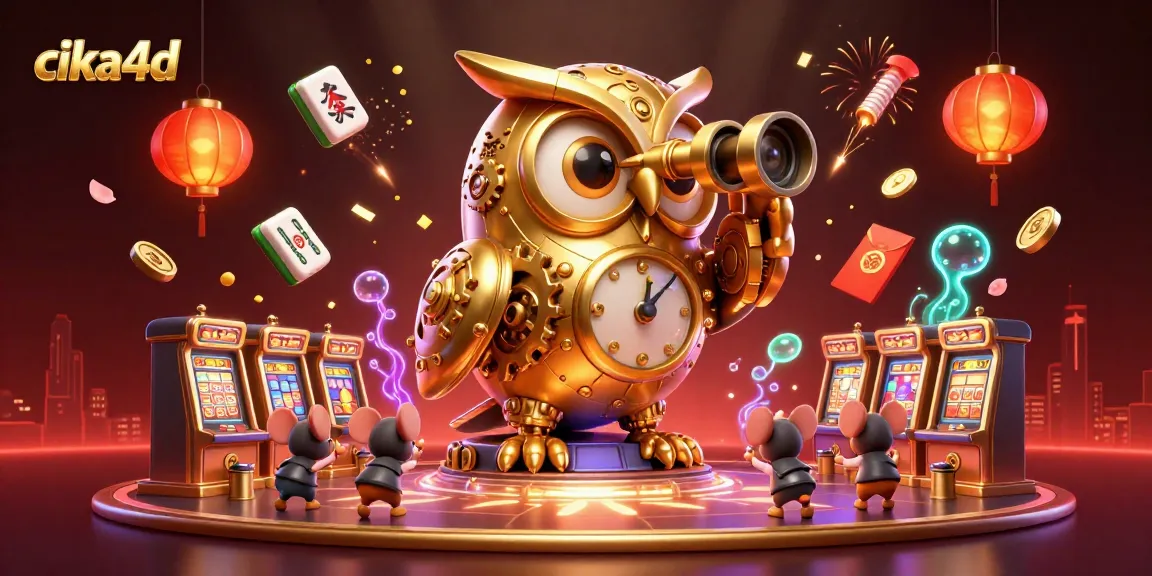 Engage with cika4d’s vibrant casino atmosphere featuring a whimsical illustration of an owl and mice amidst gaming elements.