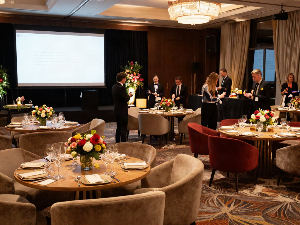 Event furniture rental setup at a luxurious corporate event, featuring elegant tables and décor.