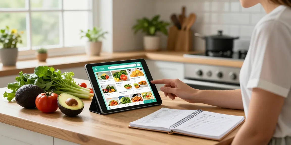 Chef using the best food tracker app to log meals in a bright kitchen filled with fresh ingredients.
