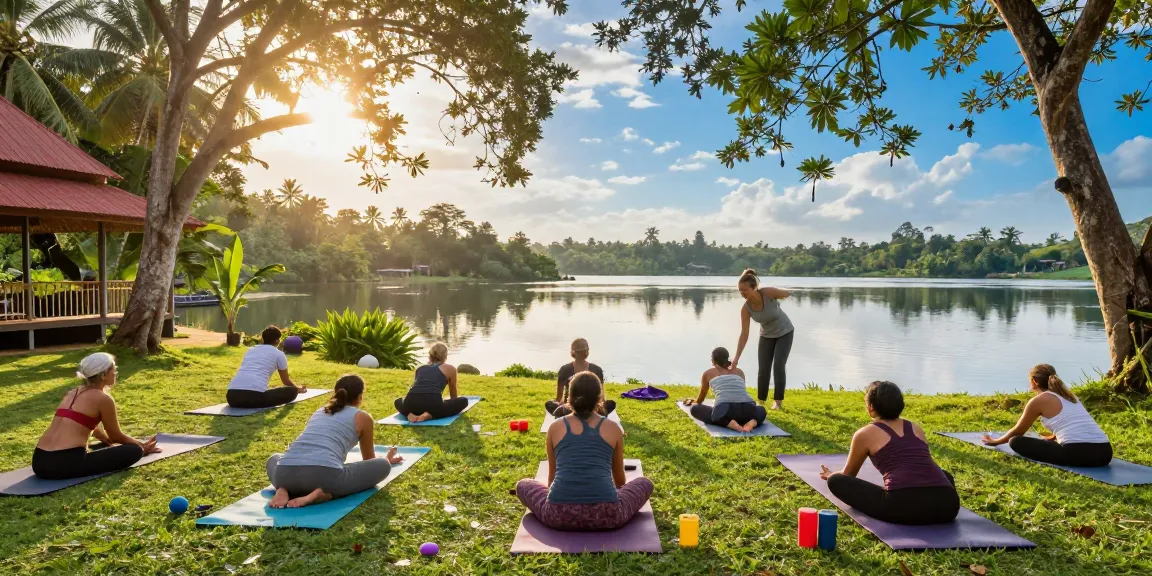 Yoga courses Sri Lanka training session by the lake, students practicing postures with a serene backdrop.