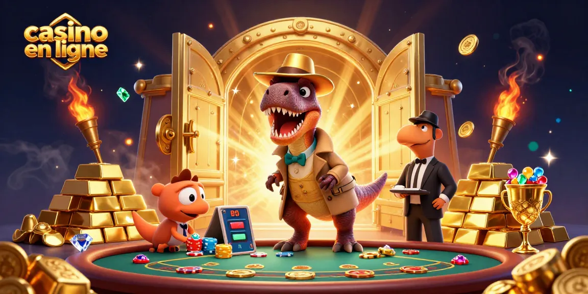 Casino en ligne animé avec un vélociraptor au blackjack entouré de trésors scintillants.