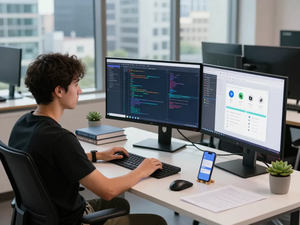 Developer coding at a modern workspace with Moltbot AI on screens, creating a productive tech environment.