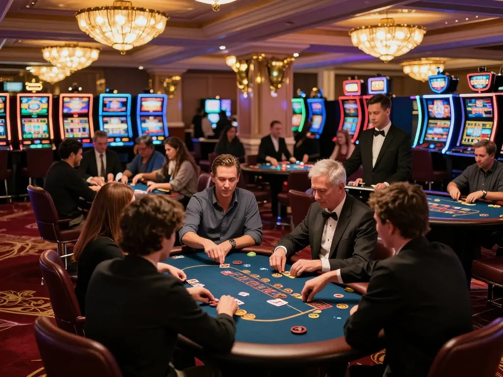 Players immersed in high-stakes gaming at LLwin casino during an exciting night