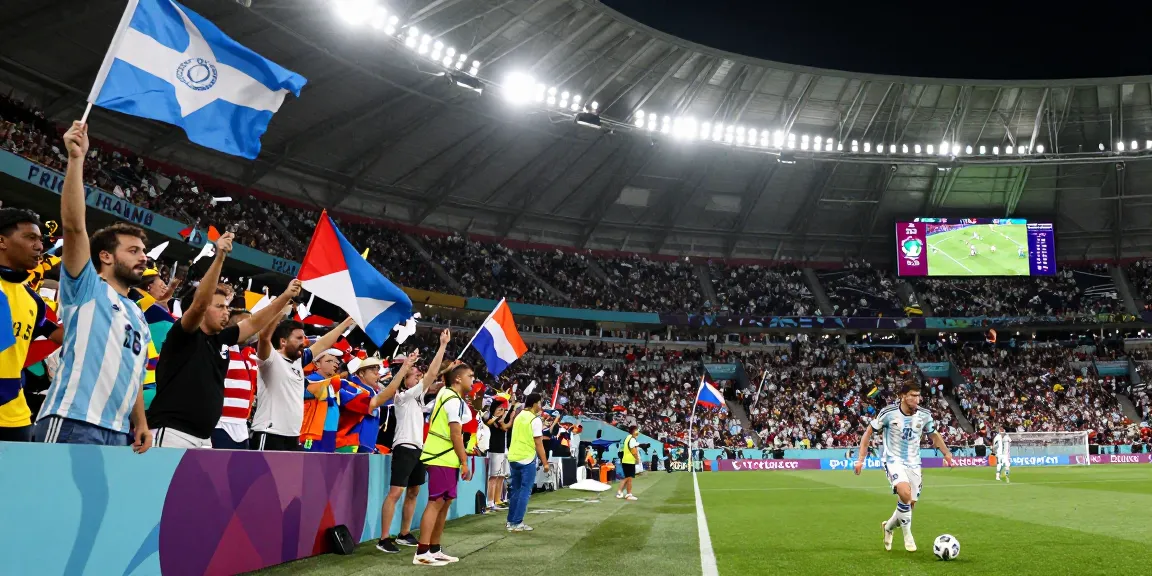 Prediksi piala dunia 2026 - Suasana stadion sepak bola yang hidup dengan pemain beraksi dan penggemar merayakan.