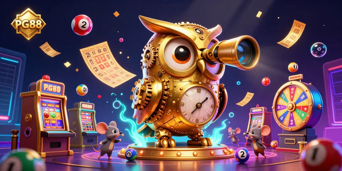 Join PG88's lively casino scene with a golden owl scanning slot games, enhancing your gaming experience.