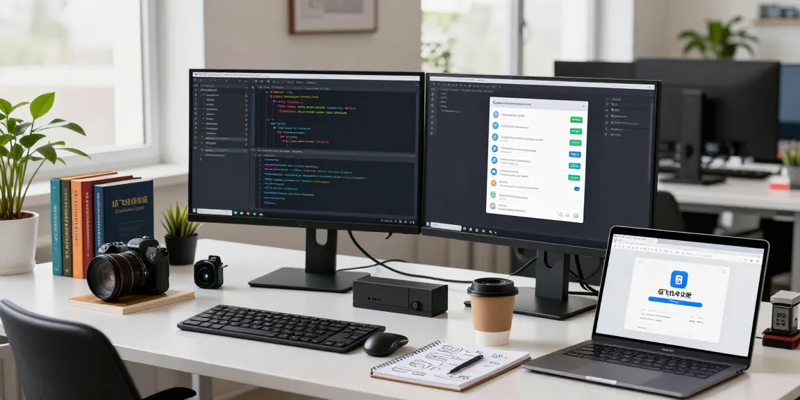 Developer coding while downloading 纸飞机中文版 in a modern tech workspace.