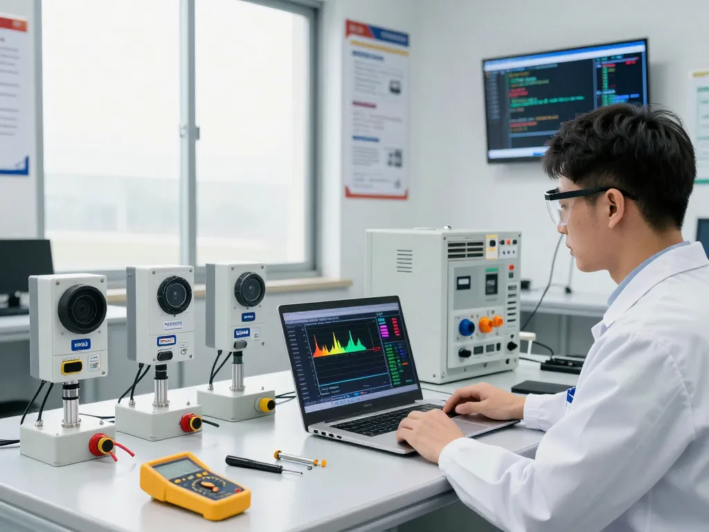 Engineer inspecting sensors at Hải Phòng Tech's automation workspace, showcasing advanced technology in industrial safety and automation.