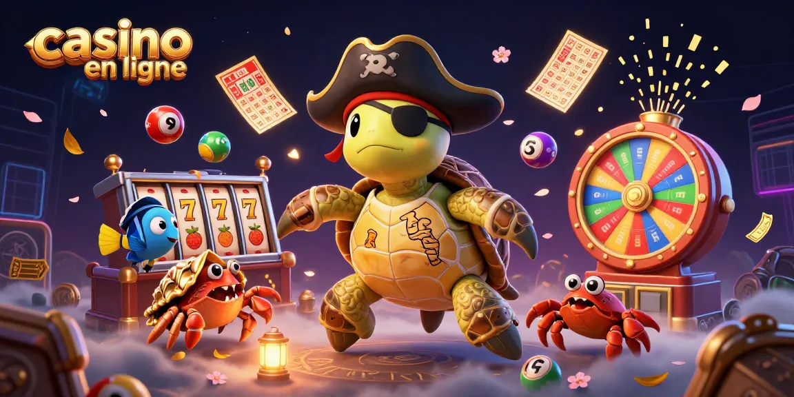 Jouez à casino en ligne avec une scène colorée comprenant une tortue pirate, un crabe et des éléments de loterie.