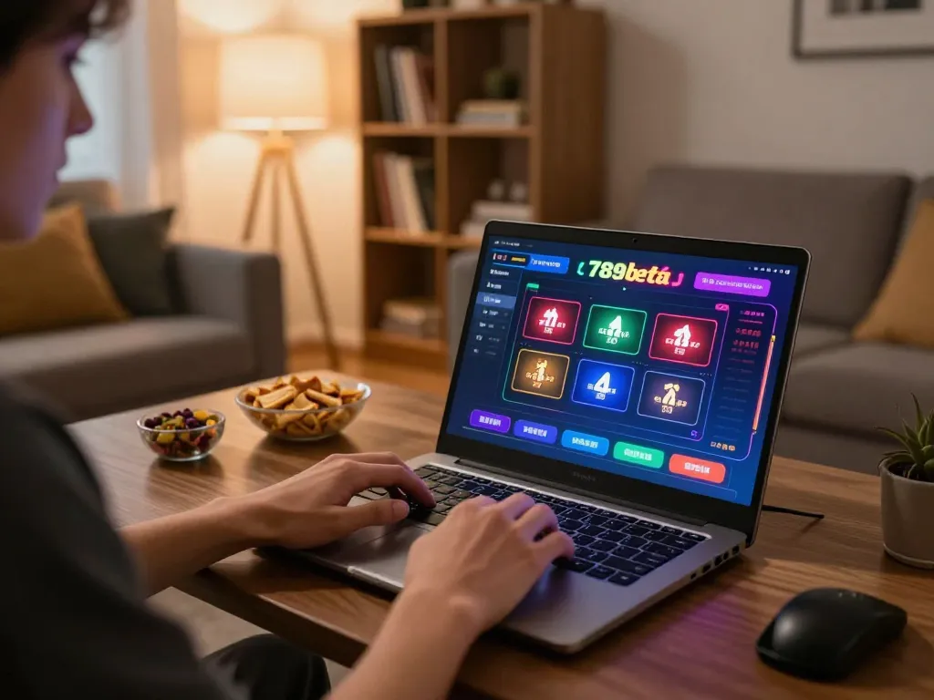 Engaging in live casino games at 789bet from a cozy home setup with snacks and warm lighting.