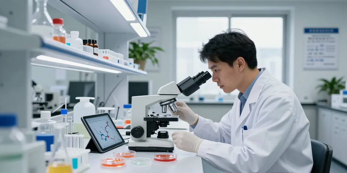 Copper peptide research in a lab with scientists analyzing samples and molecular structures.