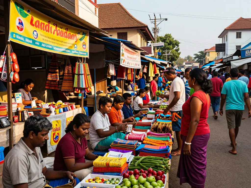 Vibrant street marketplace promoting Lanka Ad with diverse vendors and shoppers in Sri Lanka