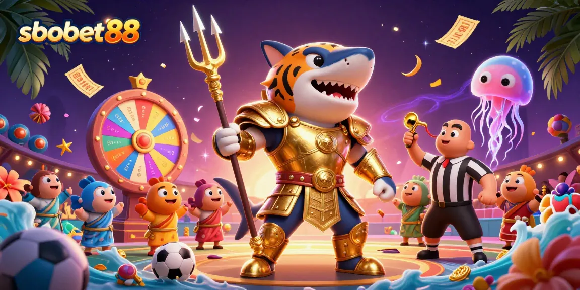 SboBet88 promotes excitement with a dynamic scene of betting symbols, showcasing a lively sports betting arena.