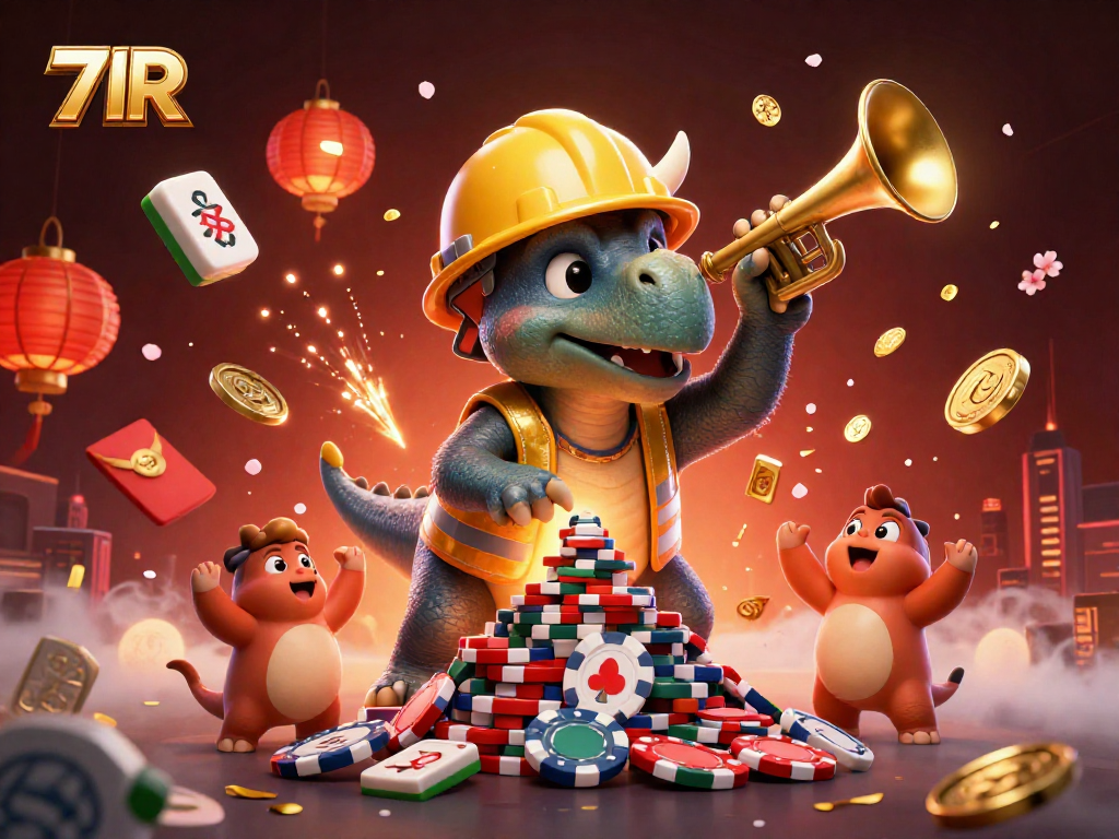 Ilustração animada 3D celebrando jogadas vencedoras no cassino 71R com dinossauros e elementos festivos.