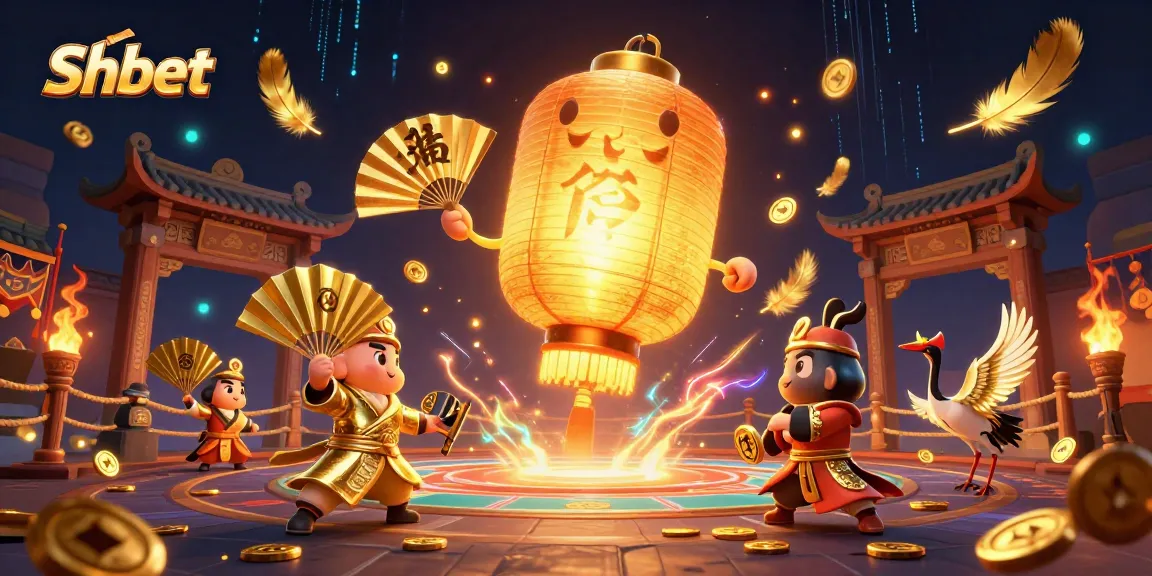 Engage with Shbet's exciting casinos featuring a glowing lantern character surrounded by immersive game elements and vibrant visuals.