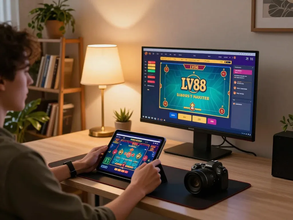 Engaging online gaming session with LV88 casino interface on tablet, showcasing user experience in a cozy environment.