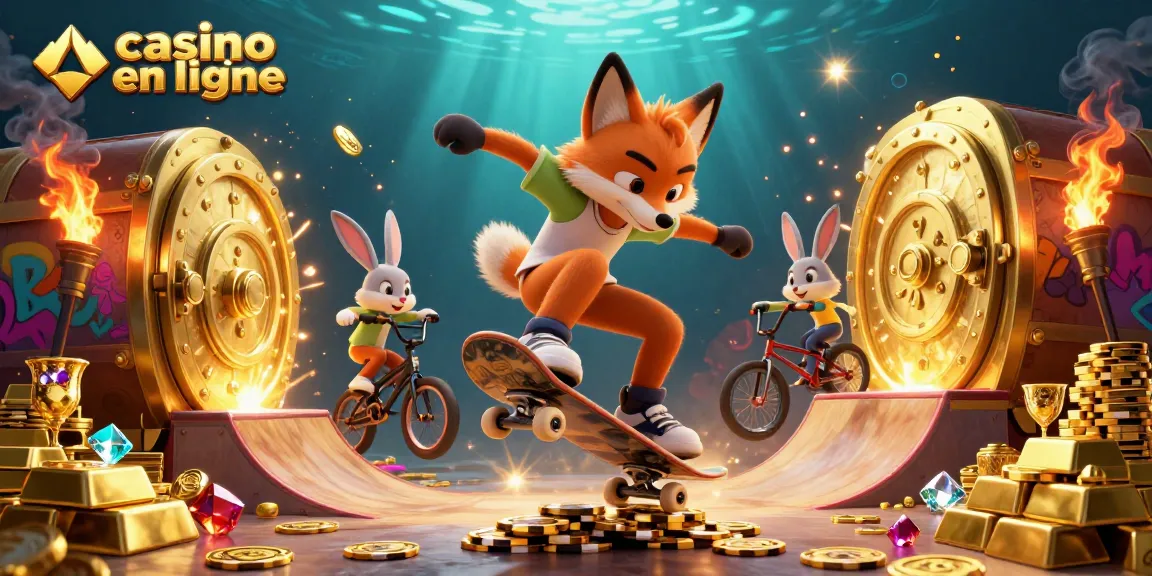 Scénario dynamique de casino en ligne avec un renard et un lapin, utilisant des jetons et des éléments dorés.