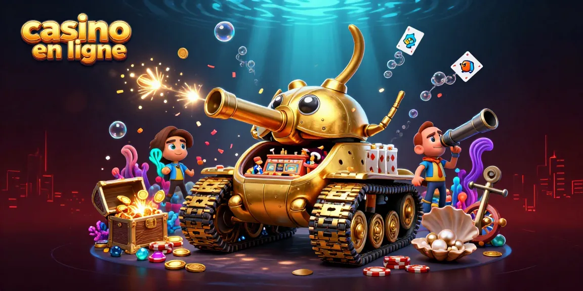 Casino en ligne : illustration dynamique d'un tank doré révélant un casino miniature avec des personnages