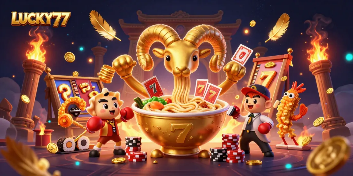 Engage your lucky streak at LUCKY77 with vibrant casino-themed illustration featuring 3D characters.