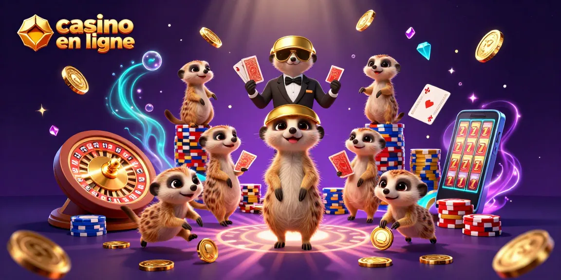 Les meerkats gèrent un casino en ligne avec des pièces d'or, des jetons et une roulette.