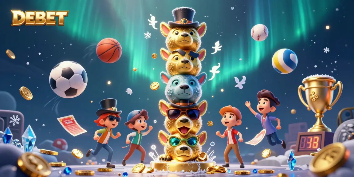 Bet on DEBET's energetic casino scene with animated characters and dynamic sports elements.