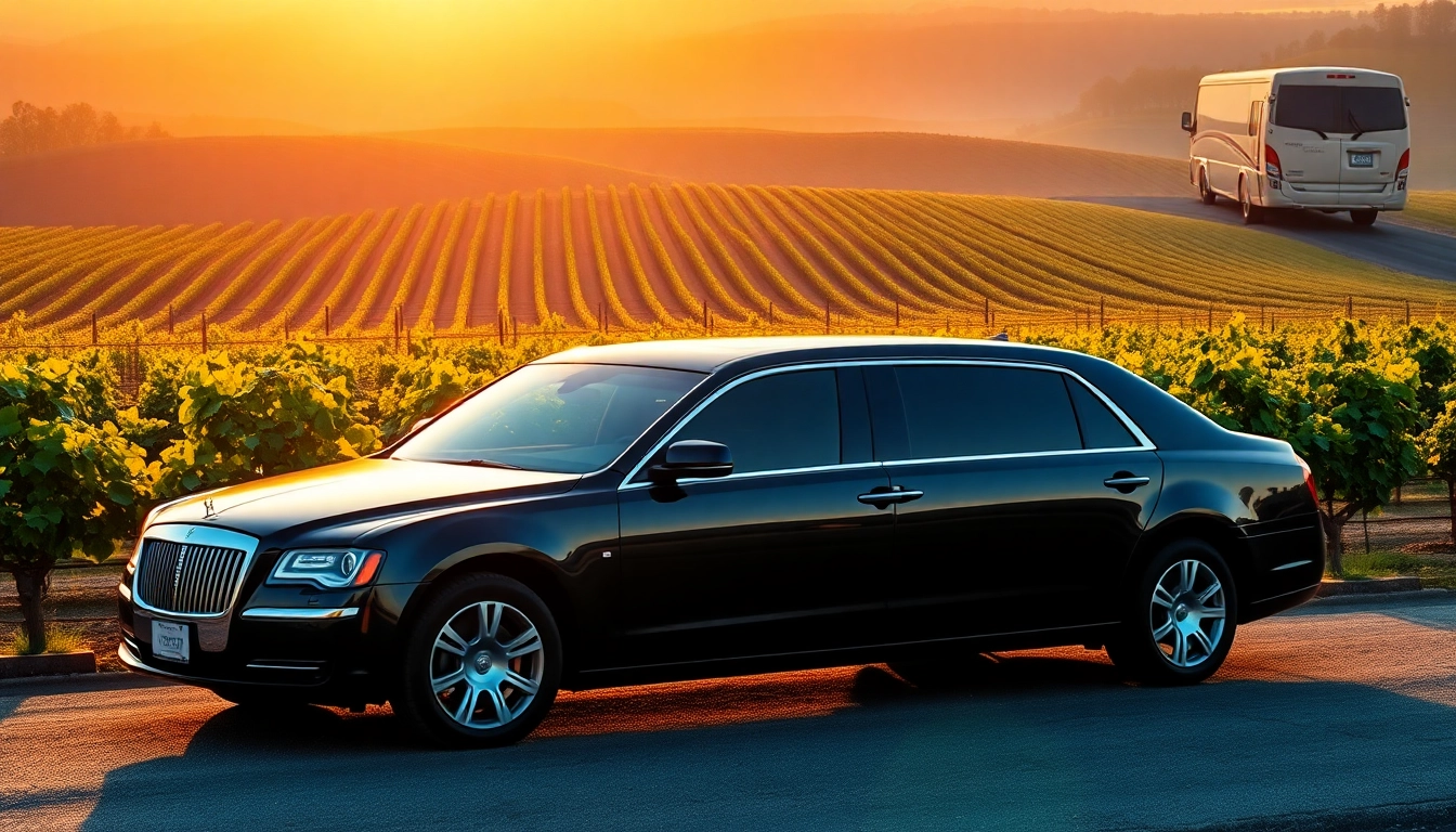 Enjoy a winery tour limousine parked at a scenic vineyard ready for a day of luxury.