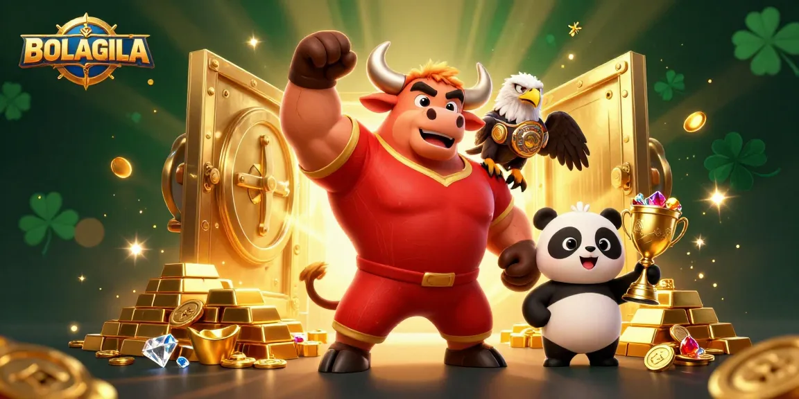 BOLAGILA boasts a dynamic casino scene where a muscular mascot celebrates winnings with gems and gold.