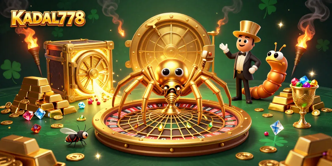 KADAL778 showcases a golden spider on a roulette wheel web surrounded by riches and dynamic gambling elements.