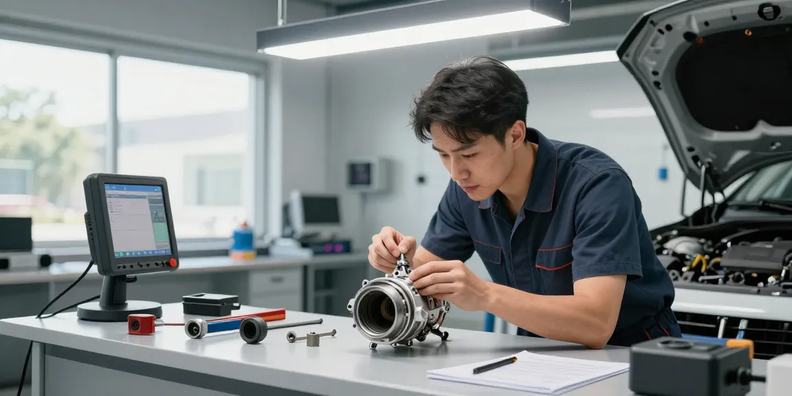 Mechaniker prüft die DPF-Regeneration in einer Werkstatt mit Werkzeugen und Licht.