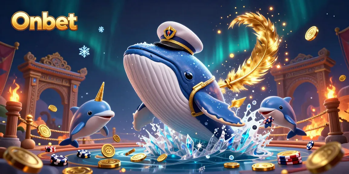 Experience thrilling fun at Onbet with playful dolphins and a whale in a sea of coins.