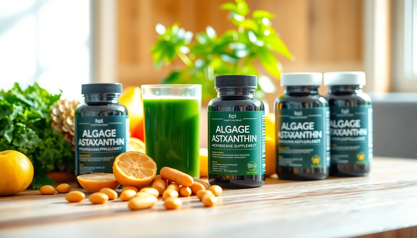 Curated display of algae astaxanthin supplement with fresh ingredients and wellness props.