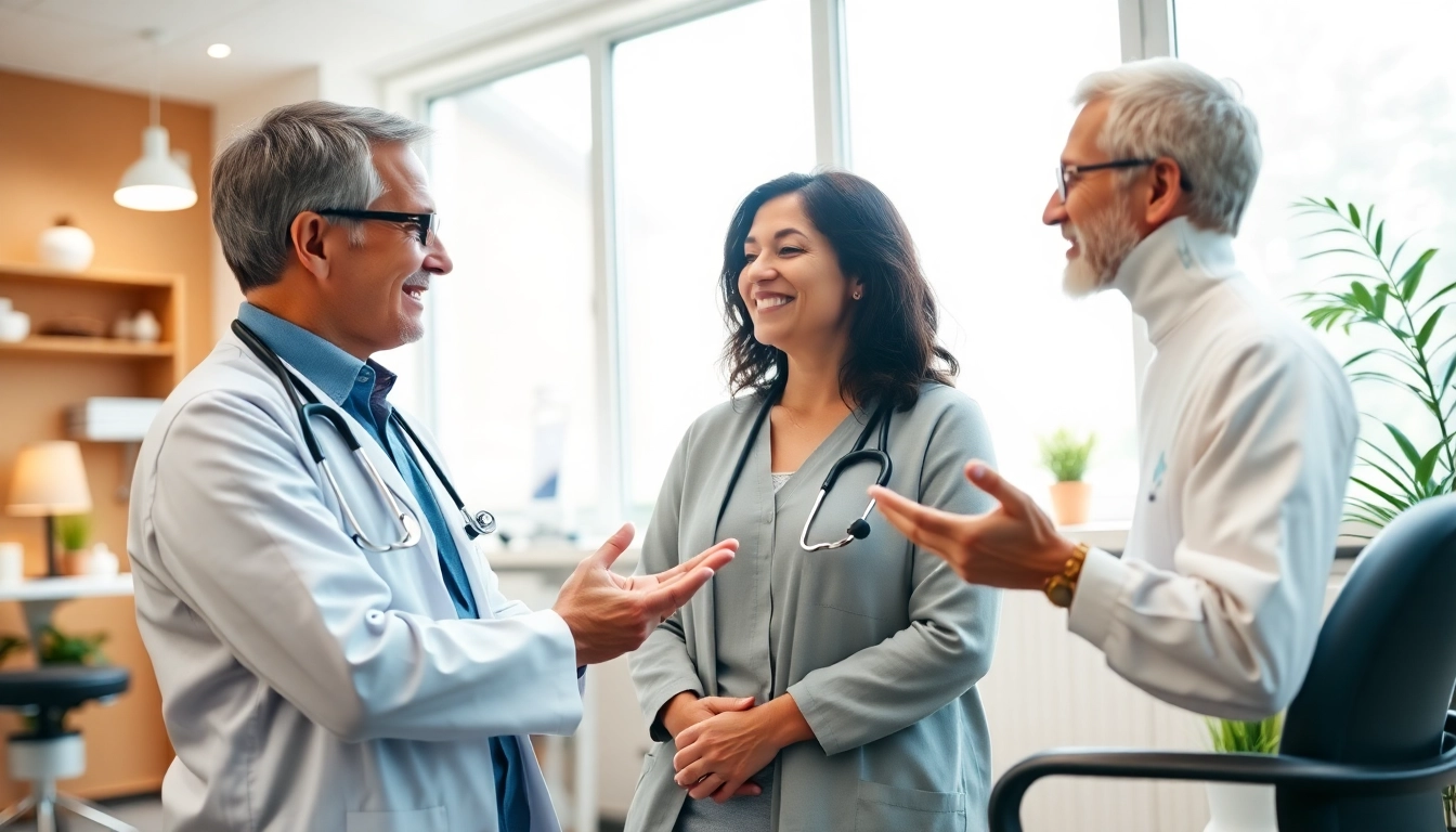 Compassionate private GP discussing health options with a patient in a modern clinic.